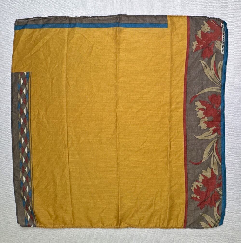 Vintage Junko Koshino Square Scarf Mustard Floral Geometric